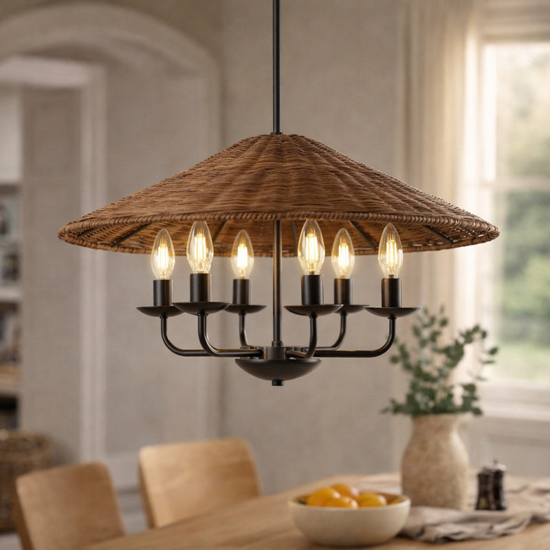 6-Light Hand-Woven Rattan Cone Pendant Chandelier, Bronze, Brown