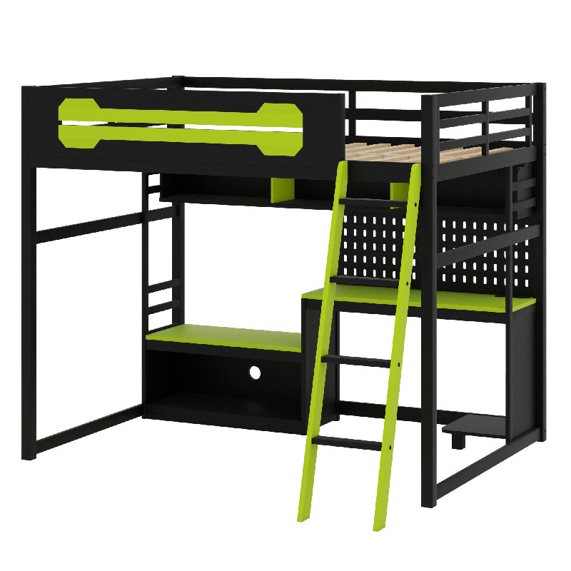Wood Loft Bed With Desk, Black/Green