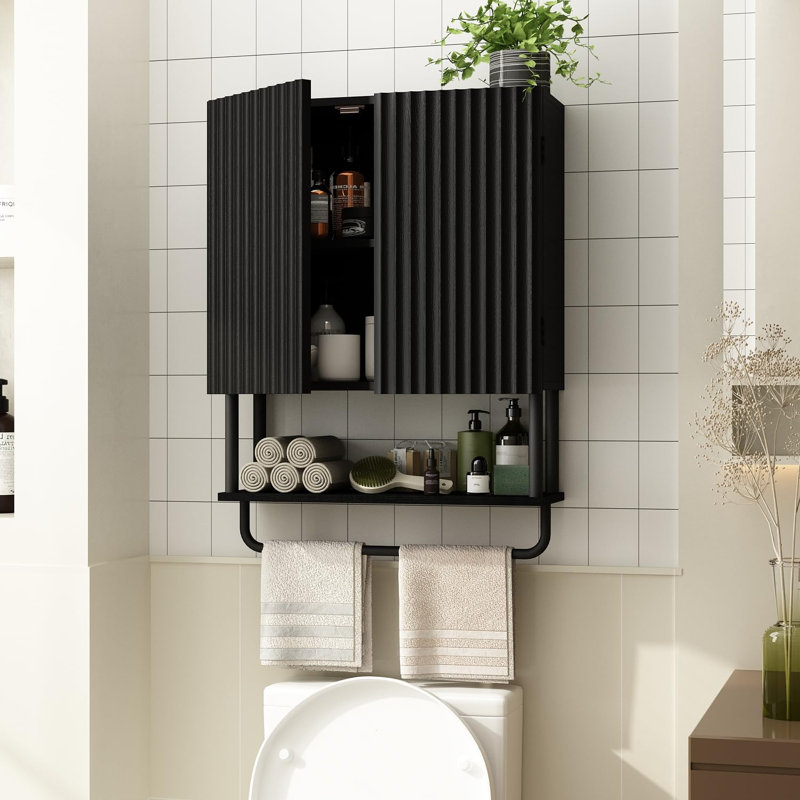 Bathroom Wall Cabinet with 2 Doors, 3-Tier Modern Farmhouse Medicine Cabinet, Black