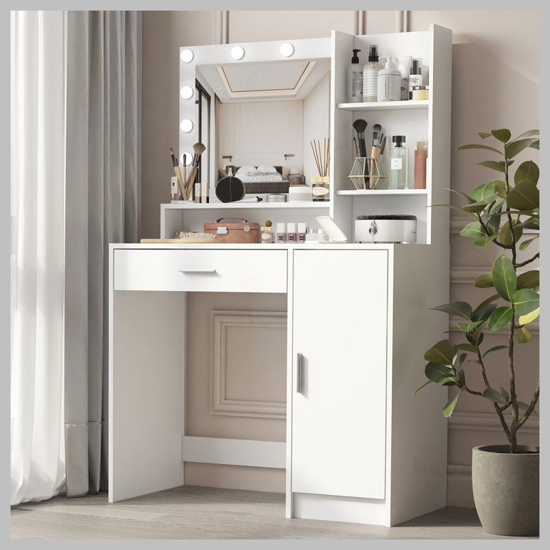 Bureau de coiffeuse avec miroir et lumière, commode de rangement à trois niveaux avec grand tiroir, 3 modes d'éclairage à luminosité réglable, coiffeuse de chambre à coucher (blanc)