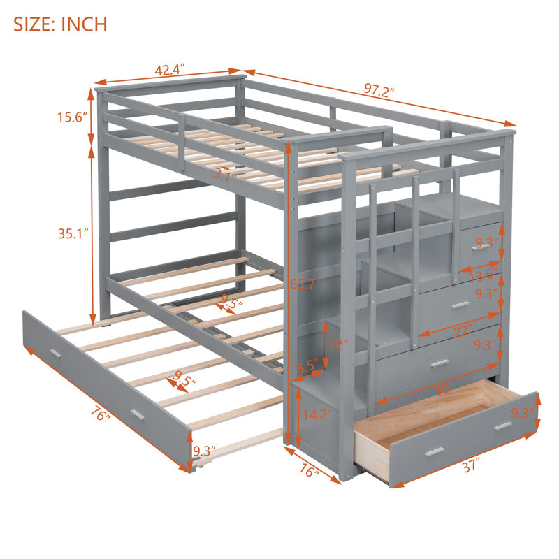 Lit superposé avec lit gigogne, escalier de rangement et tiroirs - Structure en bois massif pour enfants et adolescents, Gris