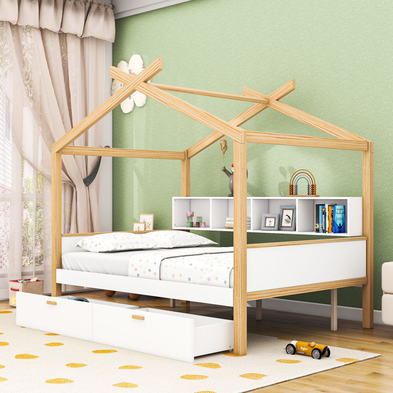 Lit en bois avec tablettes et 2 tiroirs, Full