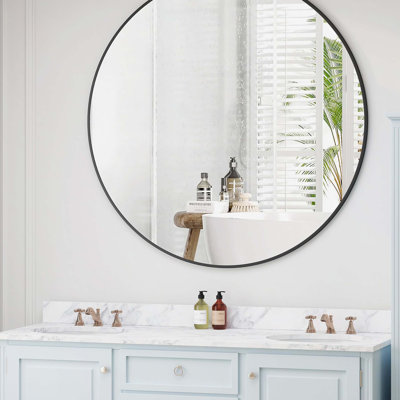 Wall Mirror 42 Inch Black Circular Mirror Metal Framed Mirror Round Vanity Mirror Dressing Mirror, for Bathroom, Living Room, Bedroom Wall Decor