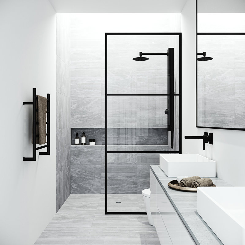 Divide 34" W x 74" H Fixed Framed Shower Screen with 3/8" Striped Glass, Matte Black Clear