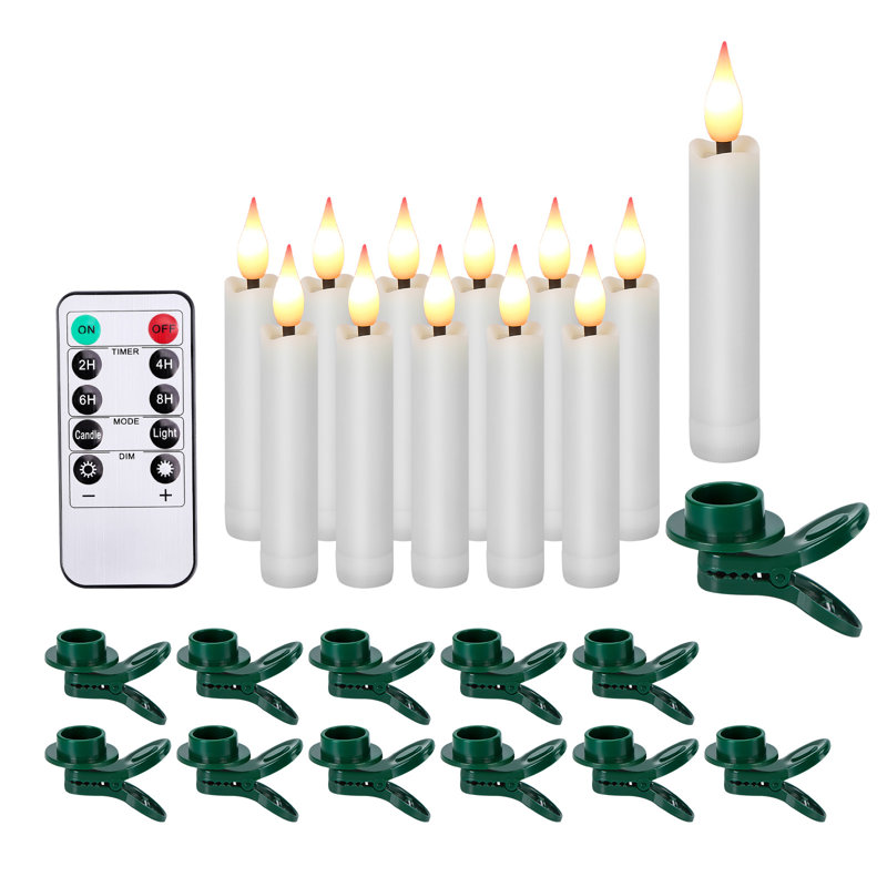 Bougies coniques sans flamme avec arbre de Noël à pince (paquet de 12), 3.8", Blanc