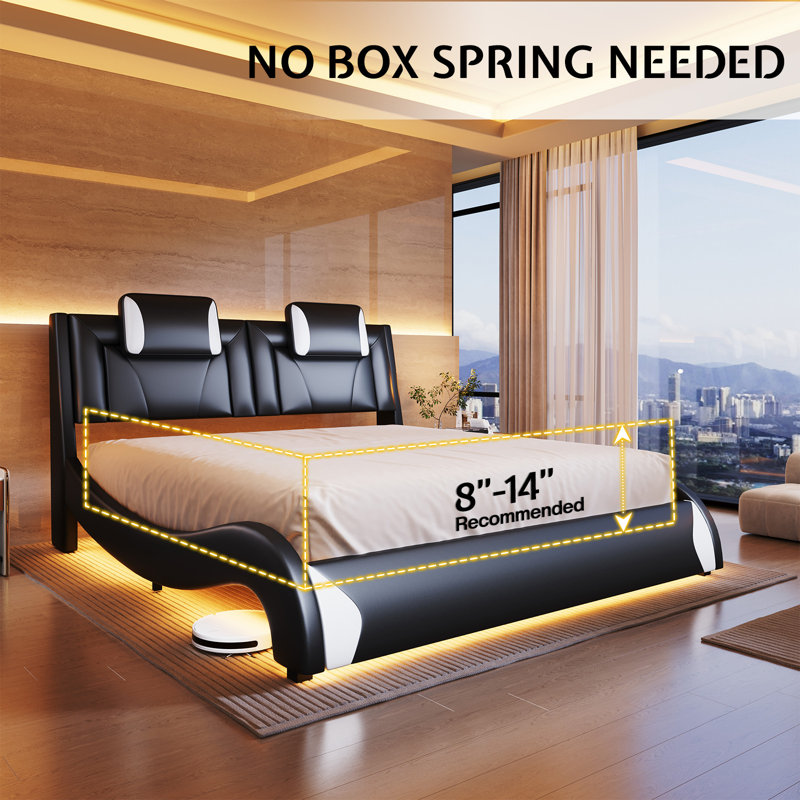 Floating Bed Frame with LED Lights, Modern Faux Leather Upholstered Platform Bed