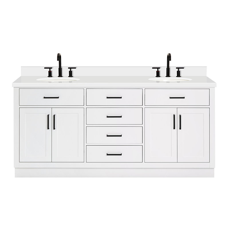 Meuble-lavabo double en bois massif 72 po Tidworth avec plateau en quartz blanc 1,5 po, Blanc, Ovale