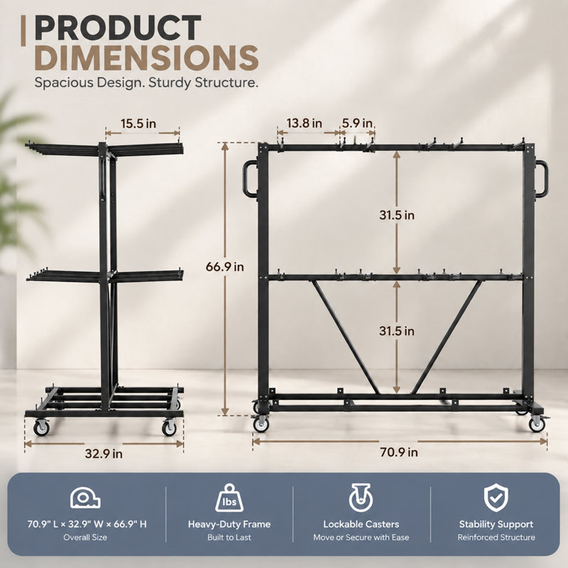 Support à chaises pliant avec roulettes, chariot de chaise robuste de 800 lb pour 84 chaises ou 12 tables, chariot de rangement double couche avec housse résistante aux intempéries