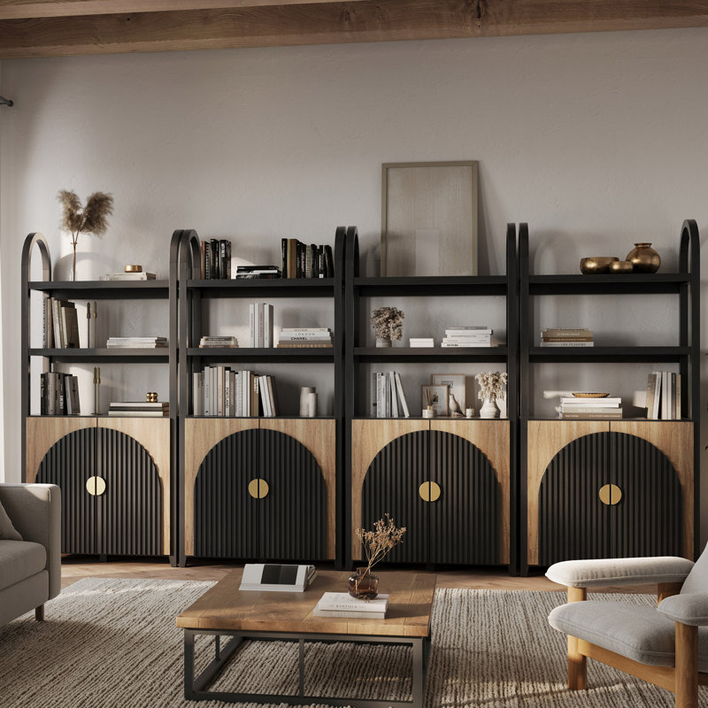 3 Tier Book Shelf 72" Tall Arched Bookcase With Storage, Set of 4, Camel