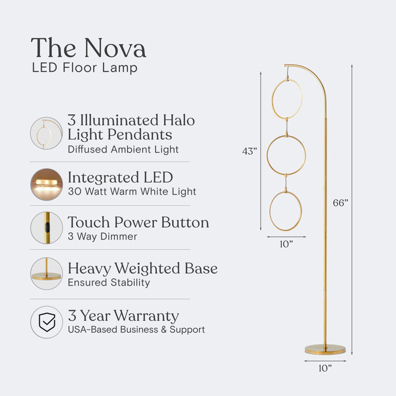 Nova 74 in. Industrial Arched Standing Modern Floor Lamp with Novelty Hanging LED Halos and Built-In 3-Way Dimmer - Integrated Energy-Saving LED Light