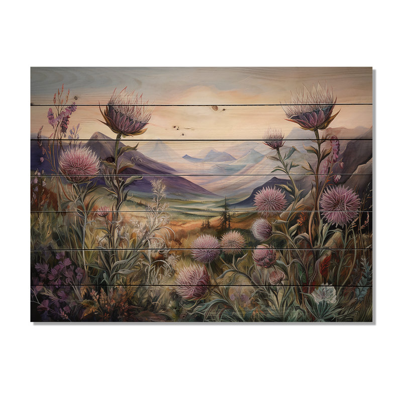 Charme de montagne champ de chardon mauve - chardon, art mural sur bois de pin naturel, H 10 po x l 20 po