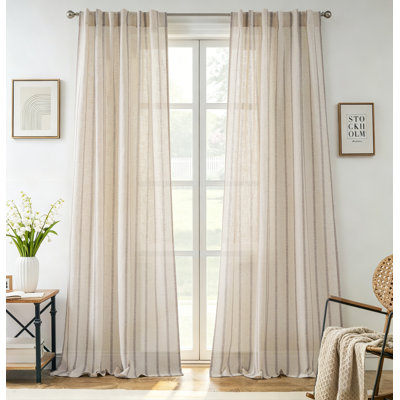 Farmhouse Striped Linen Blend Textured Light Filtering Semi Sheer Rod Pocket Back Tab Curtains