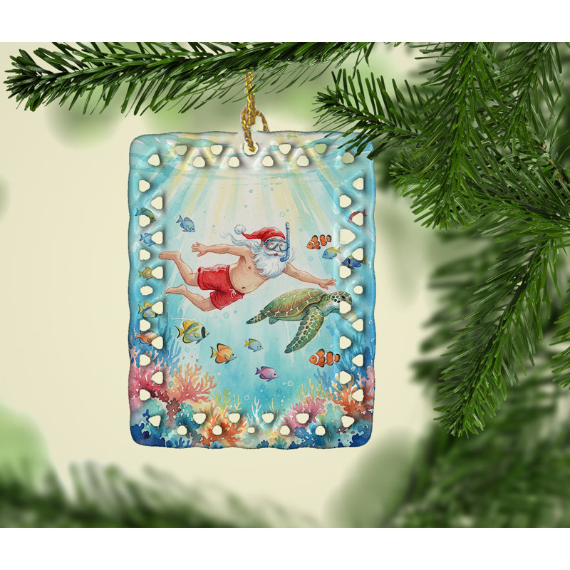 Ornement en forme de père Noël avec une tortue de mer en apnée, Père Noël faisant de la plongée avec une tortue