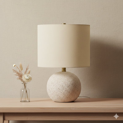 Lighting, H 20 po, lampe de table, béton gris, abat-jour ivoire / crème, contemporain