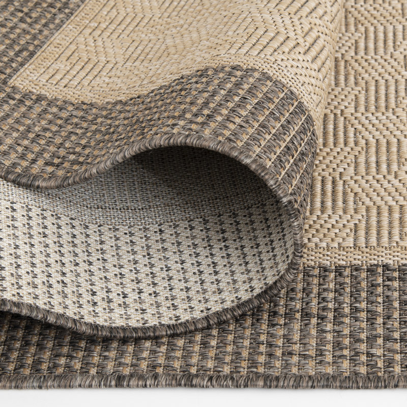 Union Rustic Makeitha Saylor Tan/Grey Border Indoor/Outdoor Polypropylene Area Rug, Rectangle 3'3" x 5'3"
