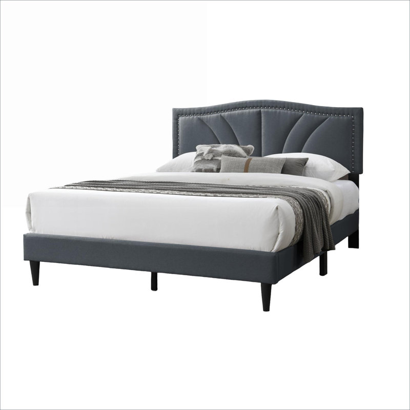 Curved Silhouette Upholstered Queen Platform Bed, Charcoal Burlap With Nailhead Trim, No Box Spring Required For Bedroom