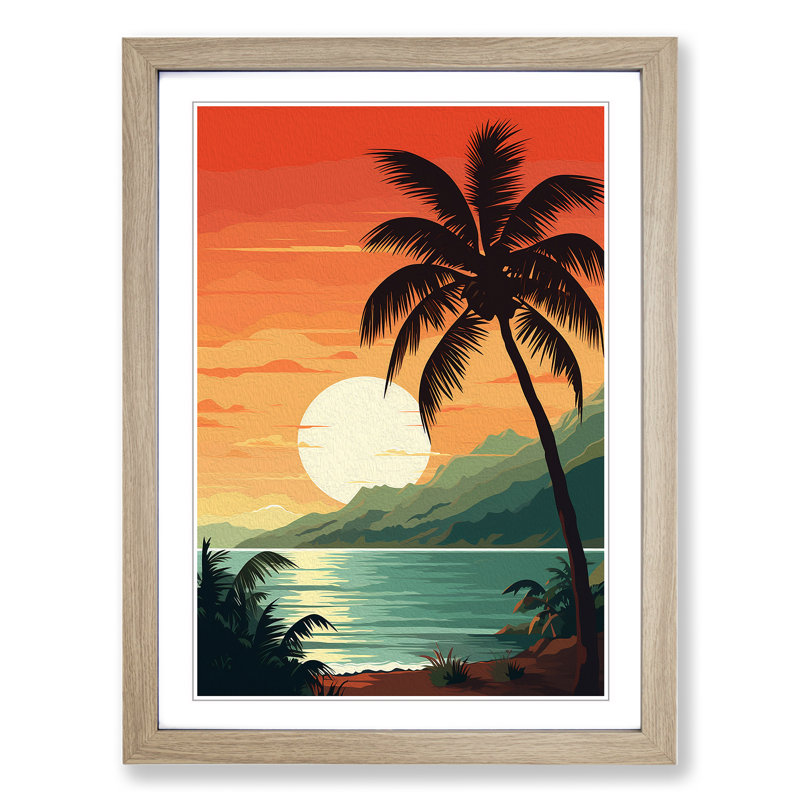 Palm Tree Art Deco - Single Picture Frame Print on Wood, Oak Framed, 64cm H x 46cm W