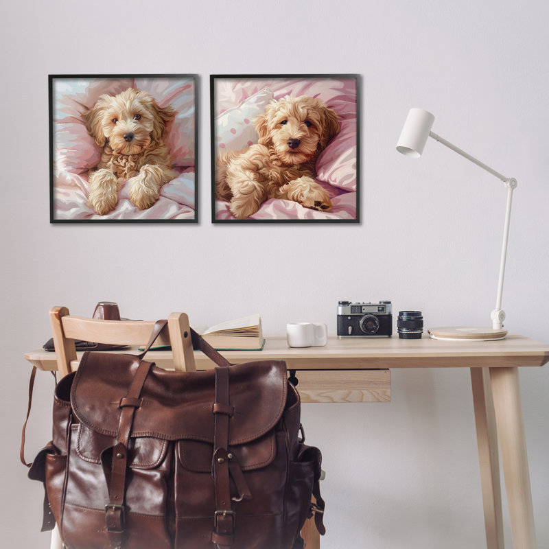  «Cuddling Labradoodle in Bed», ensemble de 2 giclées par Jim Baldwin, H 17 po x l 17 po, Giclée encadrée noir minuit