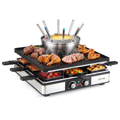 Electric BBQ Grill with Fondue Pot Set, Dual Adjustable Thermostats, 26 Accessories