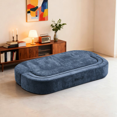 Modern Corduroy Linen Floor Bed, Dark Blue, Foam Filler, 2 Pillows Included, No Assembly Needed, Instant Bed Conversion, High Support, Space Design Foam-filled With Pillows, Blue Corduroy, Assembly,