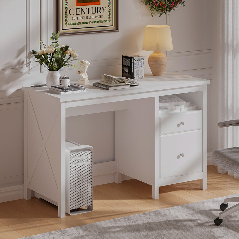 Gracie Oaks 47"Wood Writing Desk With Drawers, White