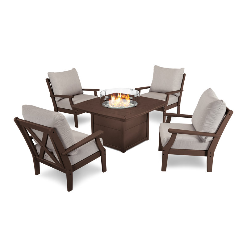Braxton 5-Piece Deep Seating Conversation Set with Fire Pit Table, Cast Ash, Mahogany