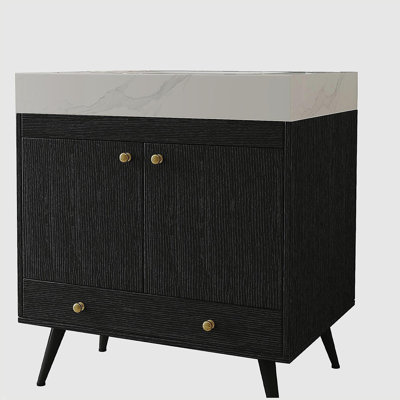 Meuble-lavabo autoportant de style Mid-Century avec comptoir en faux marbre et lavabo en céramique, armoire de rangement à double porte de 30 po, bois d'ingénierie imperméable, pieds