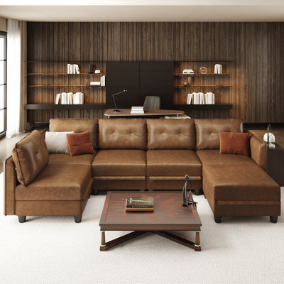 Modular Sectional Sofa With Storage, Modern Brown Faux Leather, Reversible Chaise, U Shaped Couch For Living Room, Waterproof & Easy Clean, 5 Seats With Ottoman