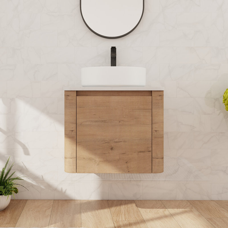 24'' Single Floating Bathroom Vanity With Ceramic Art Sink, Wall Mounted Bathroom Vanity With 1 Soft Close Door, White