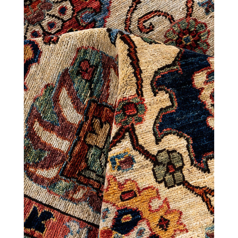 Hand-Knotted Geometric Wool Area Rug in Beige and Red