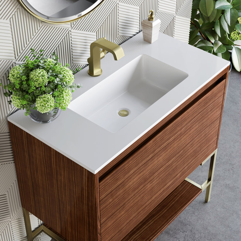 Mantova 35.5'' W Single Vanity, Glossy White, Mid Century Walnut/Champagne Brass