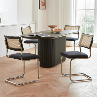 Ensemble de 4 chaises de salle à manger en rotin noir et chrome, chaises de cuisine modernes en bois de style Mid-Century, chaises de salle à manger en canne à dossier en filet, chaise Cesca Design avec pieds en métal chromé