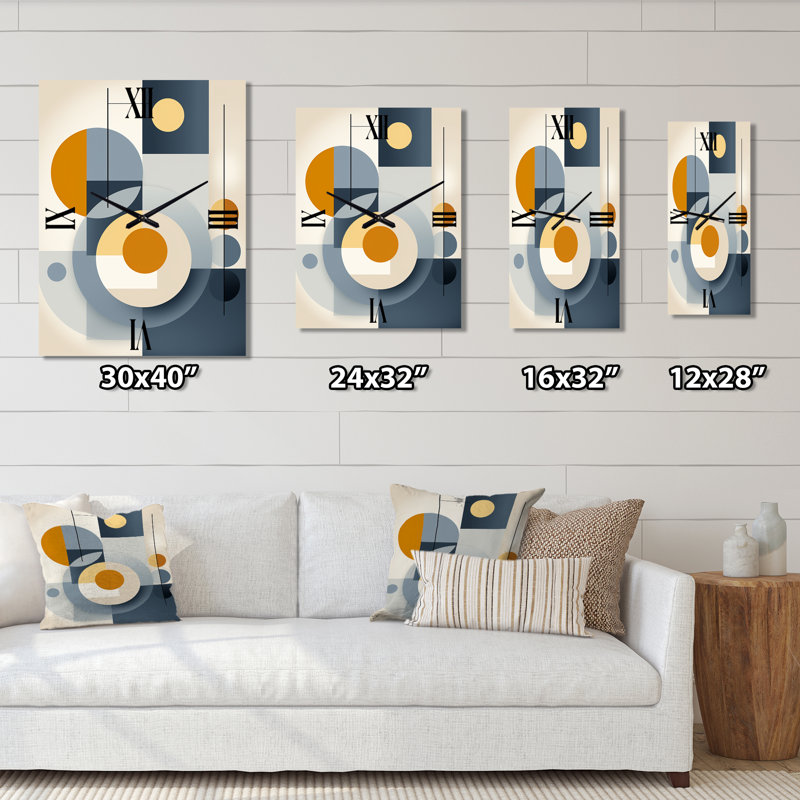 Graphique circulaire géométrique en jaune et bleu III - Très grandes horloges murales modernes Mid-Century