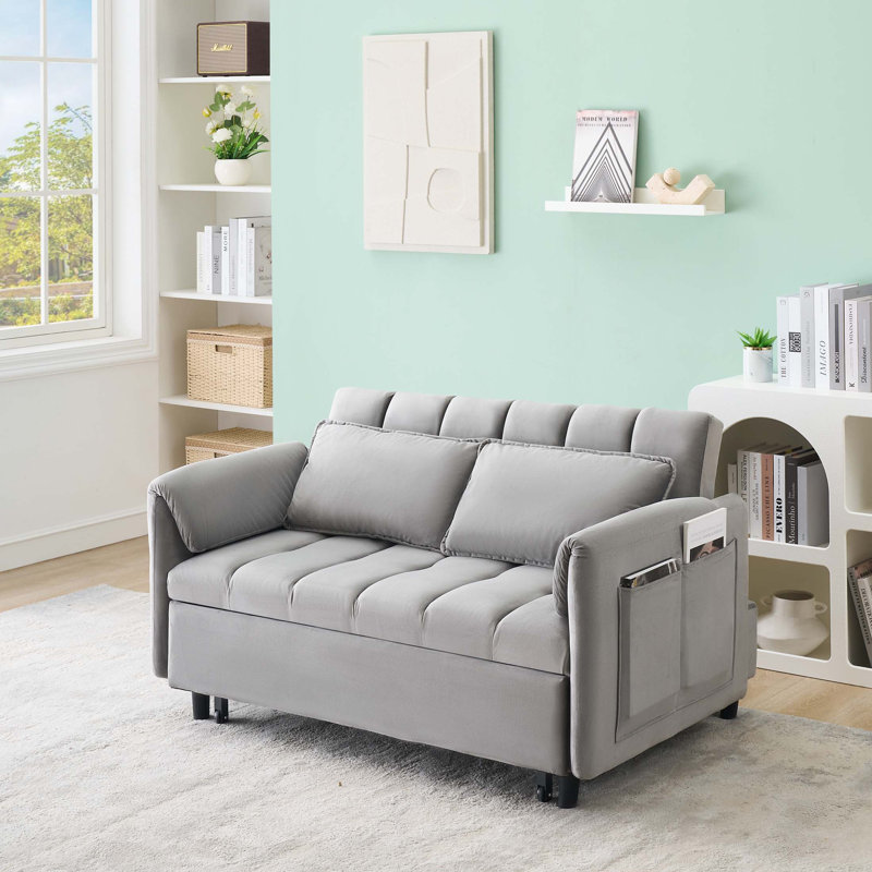 Canapé-lit moderne en velours de 52 po - convertible 3-en-1 avec coussins et poches latérales, Gris