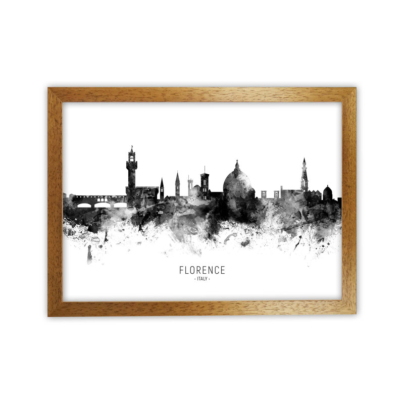 Florence Italy Skyline Black White City Name by Michael Tompsett - Print, 64cm H x 88cm W x 3cm D, Brown Framed