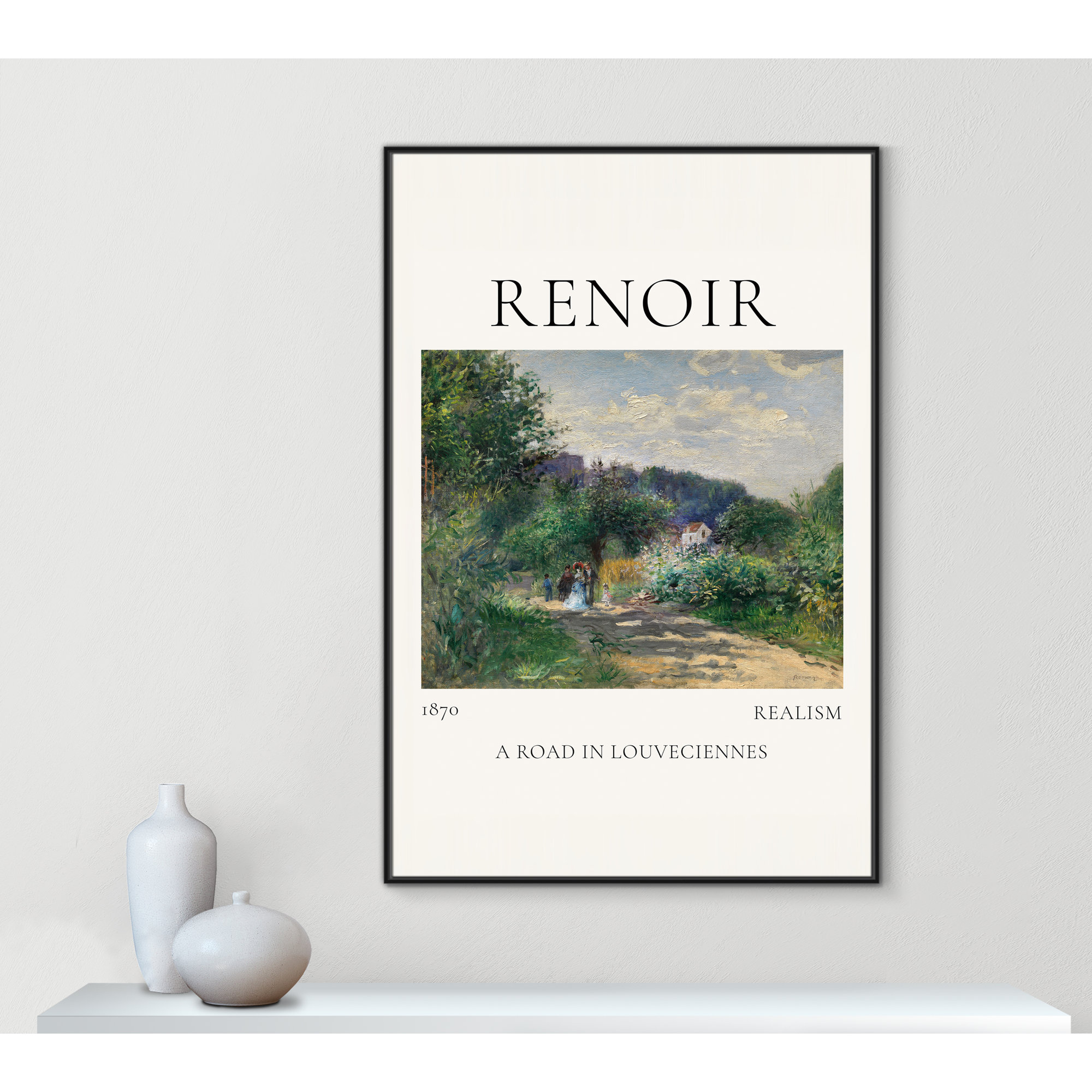 Old Masters Collection " A Road In Louveciennes " by Auguste Renoir, Black Floater Frame, 61.5" H x 41.5" W x 2" D, No