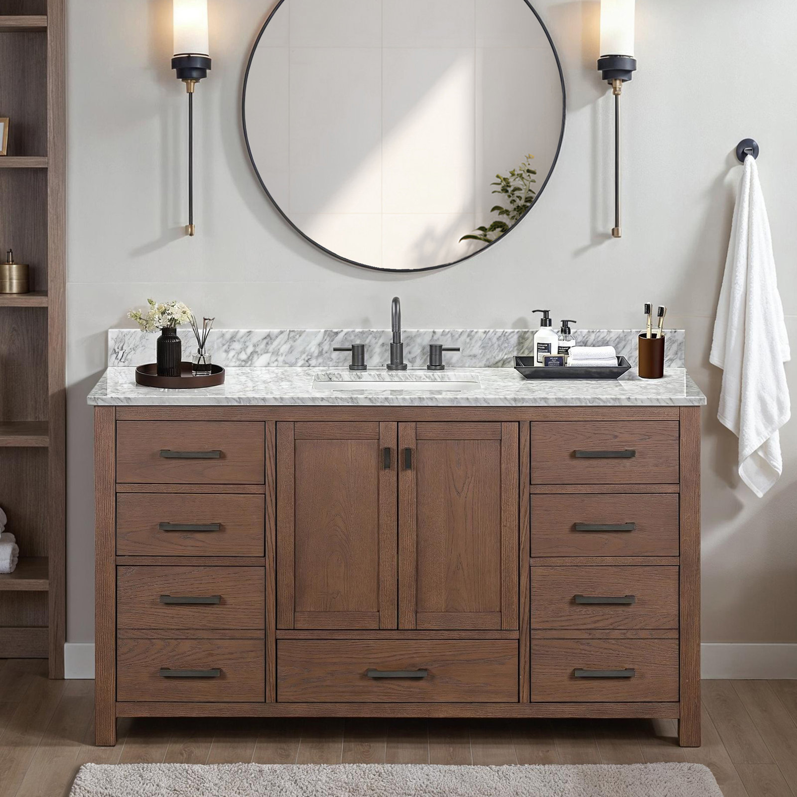 Reba Single Bathroom Vanity Base, Mocha Oak