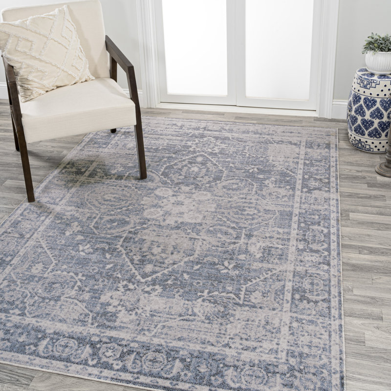 Tapis bleu / gris clair Shaii Global Medallion, Rectangle 7 pi 10 po x 10 pi