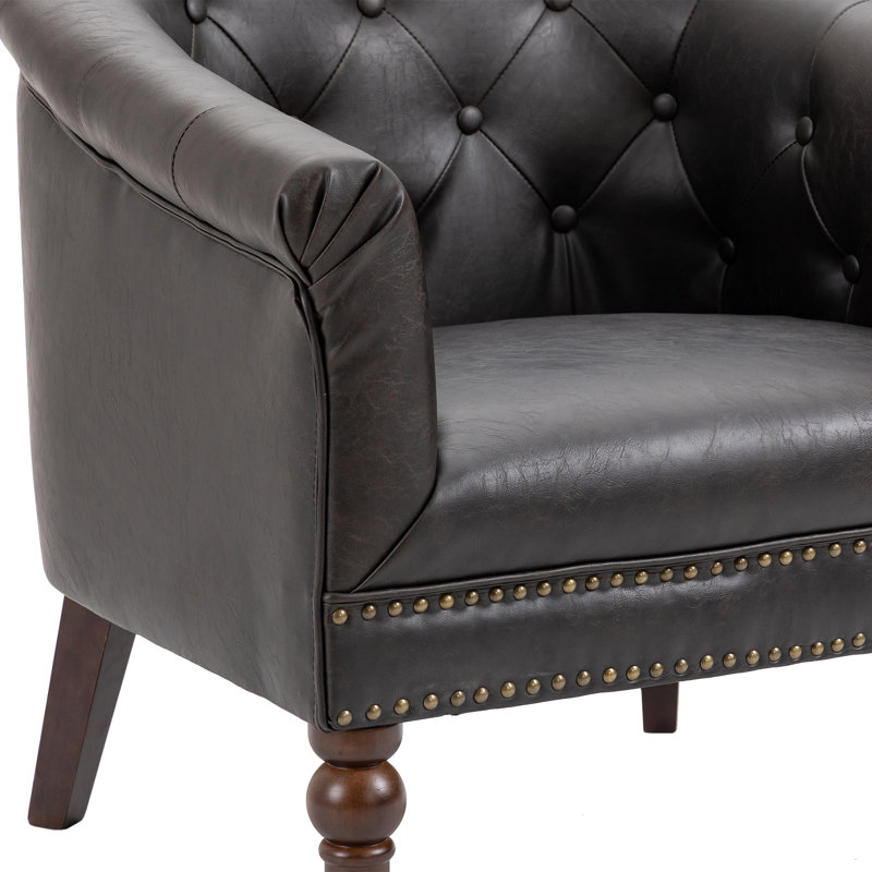 Edvardas 61.9 Cm Wide Tufted Barrel Chair, Coffee Faux Leather