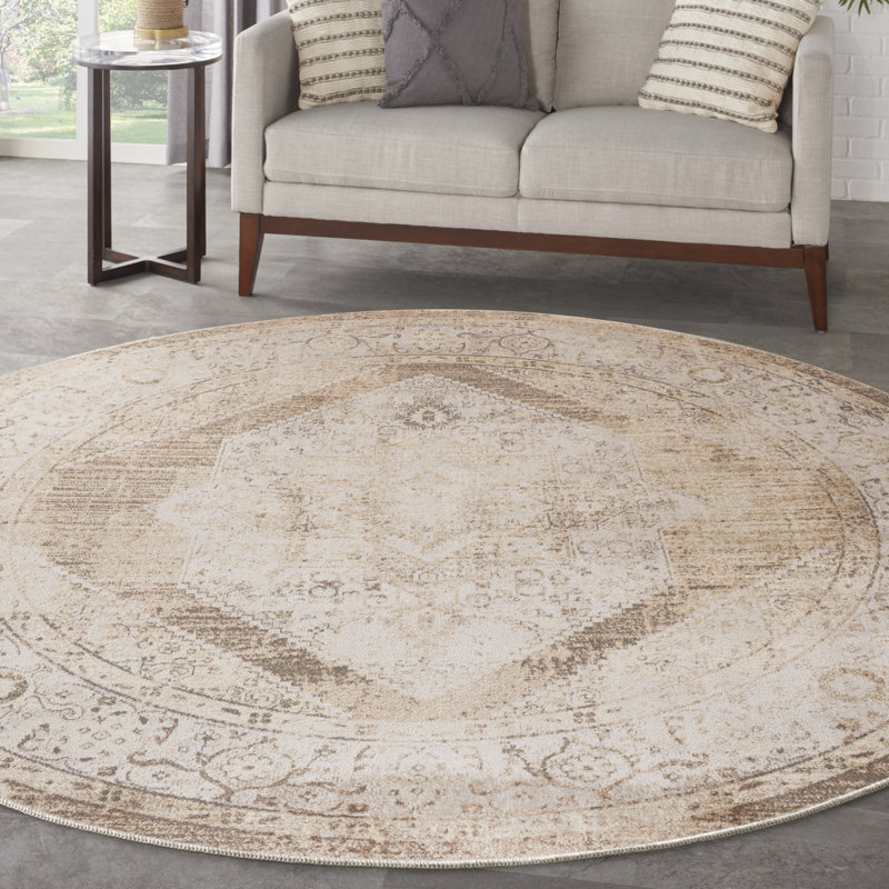 Haydel Oriental Machine Washable Power Loom Polyester Area Rug in Beige, Round 5'3"