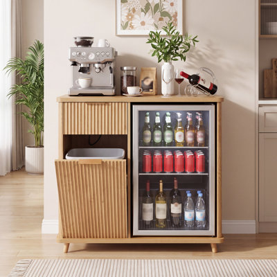 Fluted Coffee Bar Cabinet with Mini Fridge Space, Hidden Trash Can Cabinet, Storage Drawer & Built-In Charging Station, Modern Home Bar Cabinet for Kitchen and Dining Room
