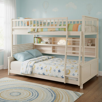 Solid Wood Full XL Over Queen Bunk Bed with Integrated Shelving, Color-Changing Lights and Pegboard for Bedroom