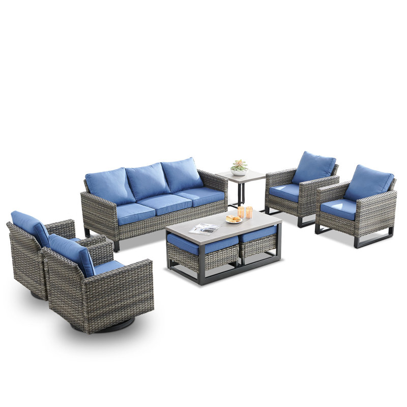 Nazime Wicker 7 - Person Patio Conversation Set with Cushions, Blue