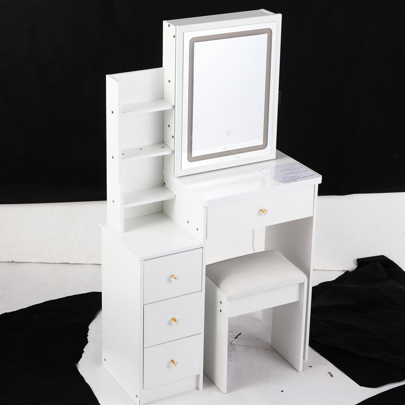 Amabella Left Bedside Cabinet Vanity Table In White, Led Mirror With 3 Colors & Adjustable Brightness, Cushioned Stool, For Compact Spaces, Small Size And Stool - Switch Brightness Control White , American