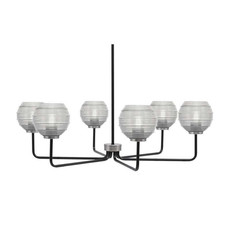 Lustre 6 lumières Amarmula, noir mat et finition graphite, verre transparent nervuré 6 po, Clair, Noir / nickel