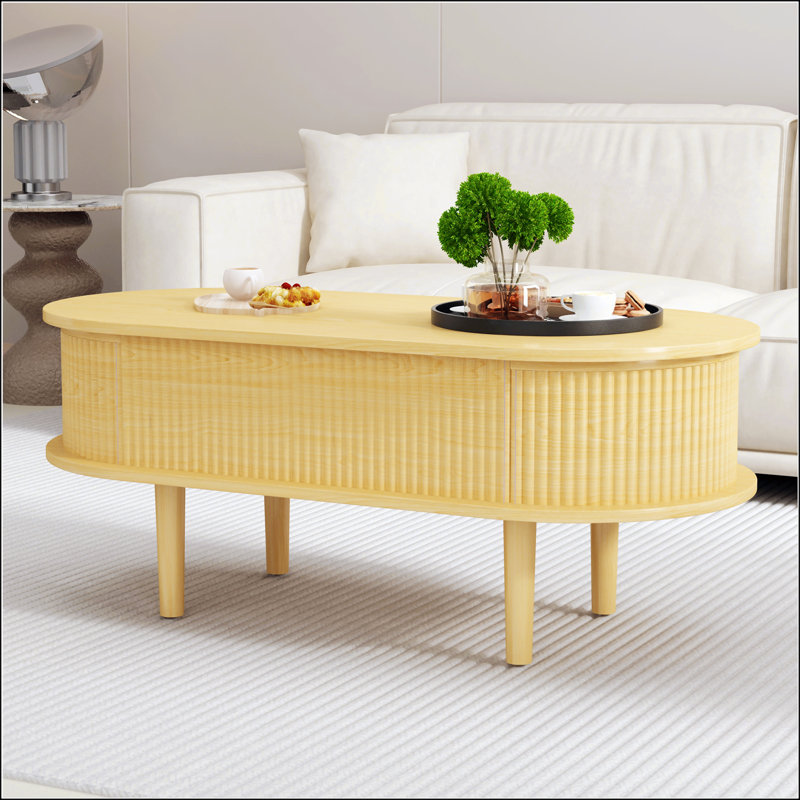Table basse à plateau relevable cannelé avec compartiment caché, Bois naturel