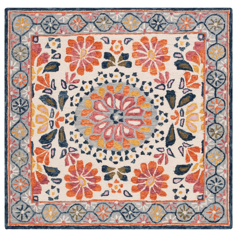 Onasis Hand Tufted Wool Cotton Floral Rug in Red/Ivory, Square 6'