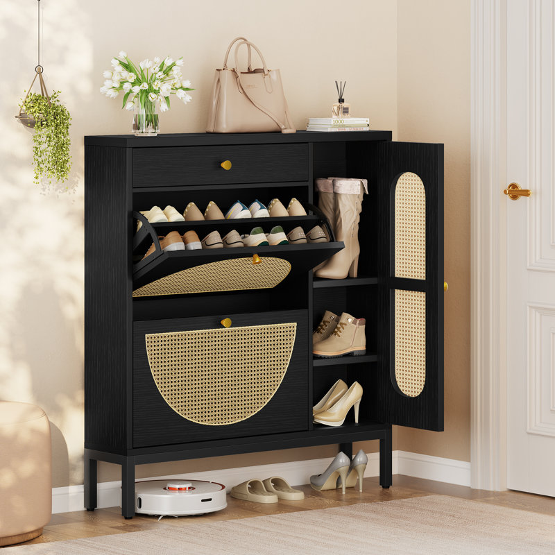 Armoire de rangement pour chaussures 20 paires avec 2 tiroirs rabattables et tablettes réglables, Noir