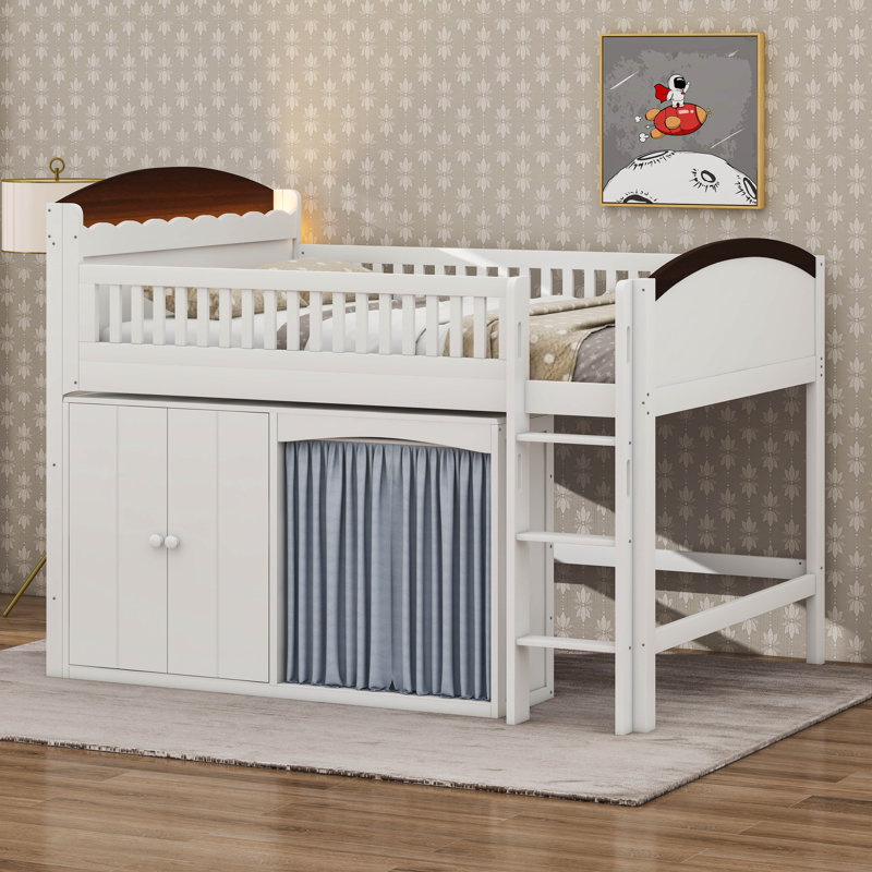 Loft Bed With Storage Cabinet, Wood Loft Bed Frame With LED Light & Wardrobe, Full, White/Espresso