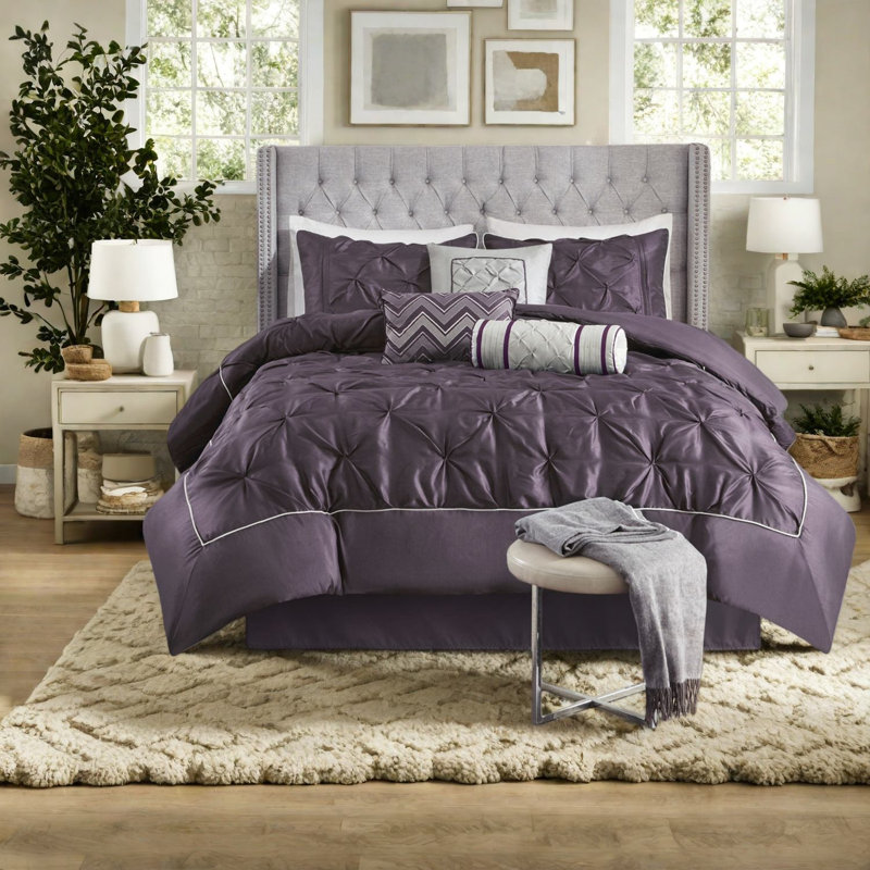 Elegant 7-piece Polyester Bedding Set In Plum, Modern Bedroom Decor